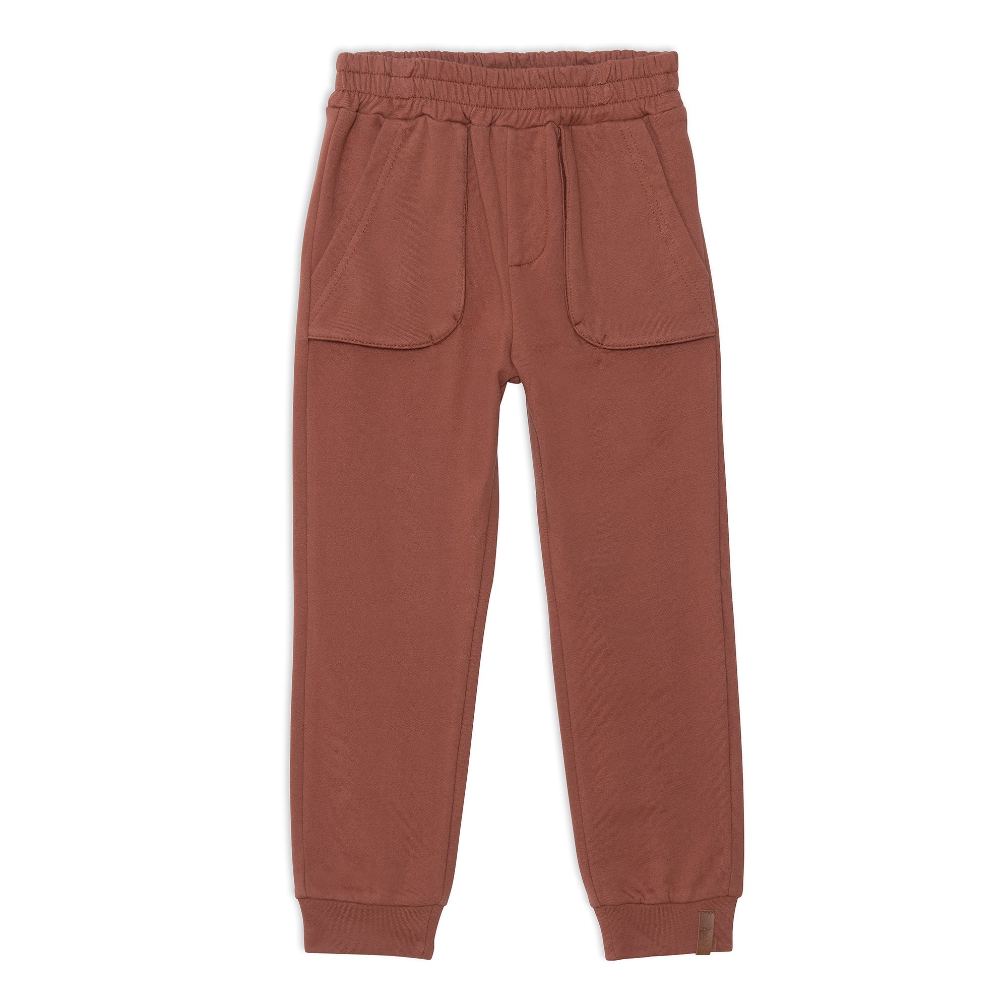 A pair of mocha brown fleece sweatpants with utility pockets and rib knit cuffs, showcasing a comfortable and stylish design.