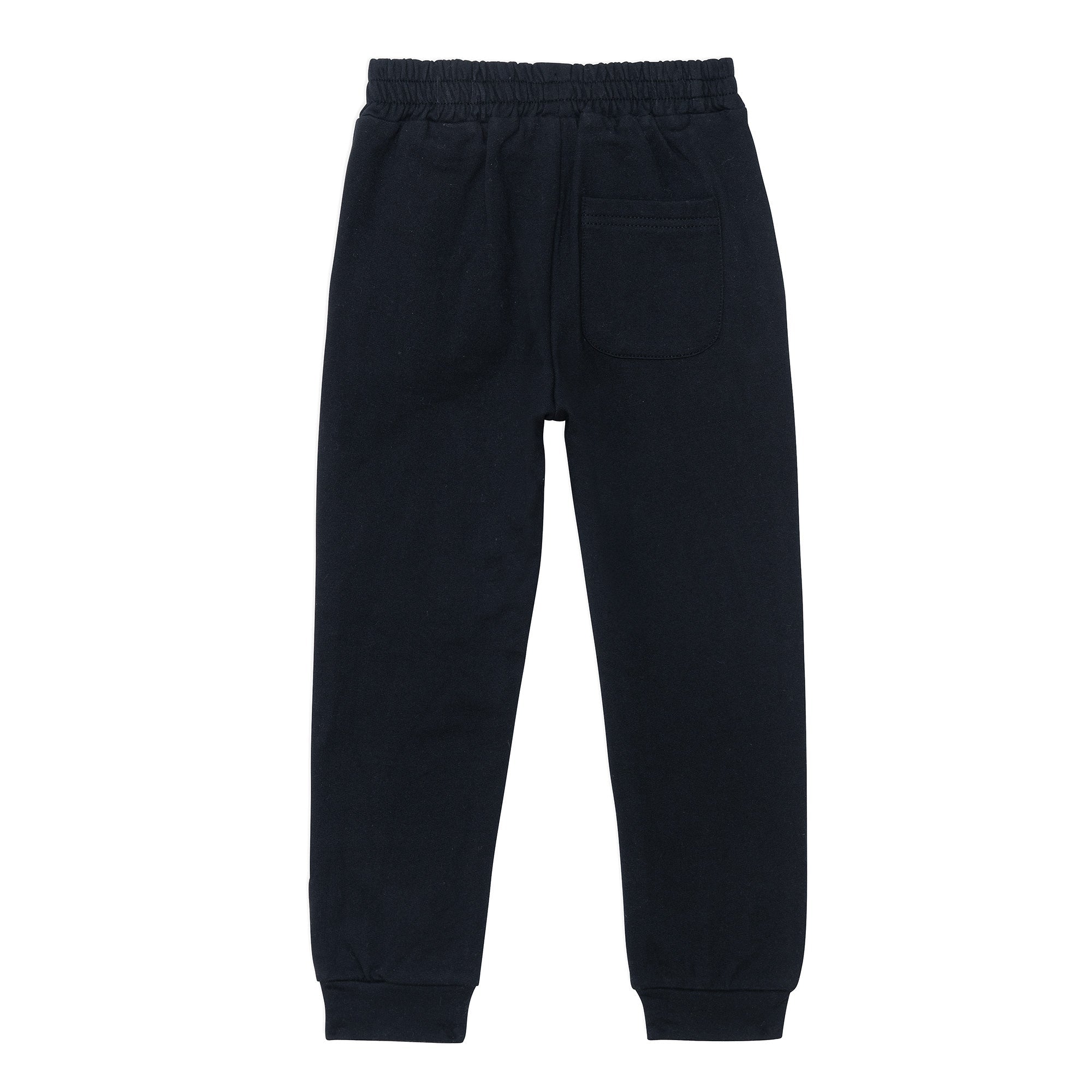 A pair of solid black fleece sweatpants with utility pockets and rib knit cuffs, showcasing comfort and style.