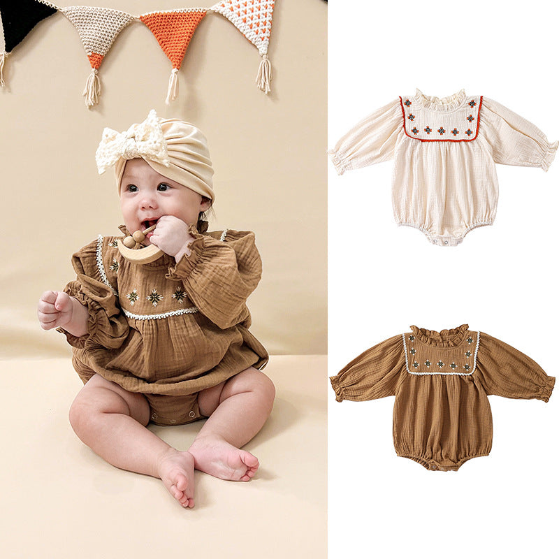 Floral Embroidered Design Long Sleeve Onesies in white and brown colors, showcasing delicate floral patterns and soft cotton fabric.