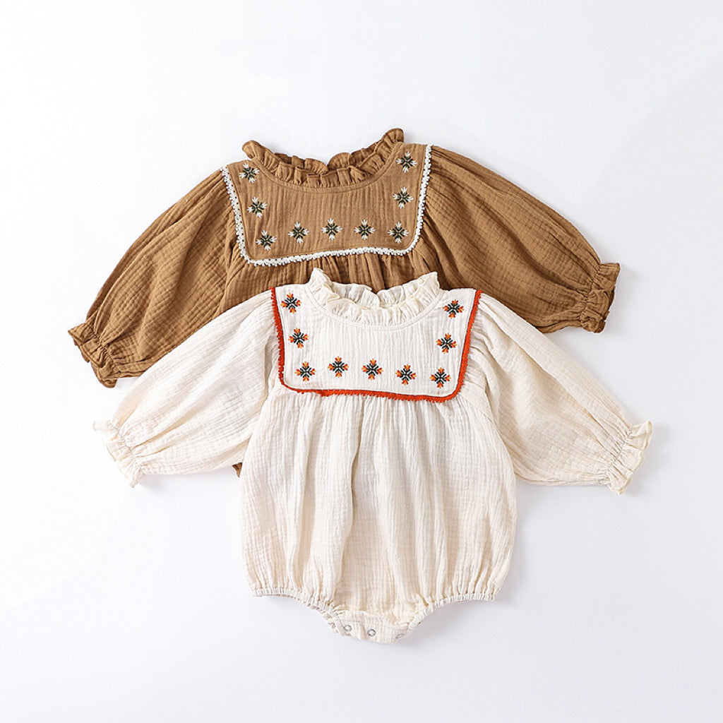 Floral Embroidered Design Long Sleeve Onesies in white and brown colors, showcasing delicate floral patterns and soft cotton fabric.