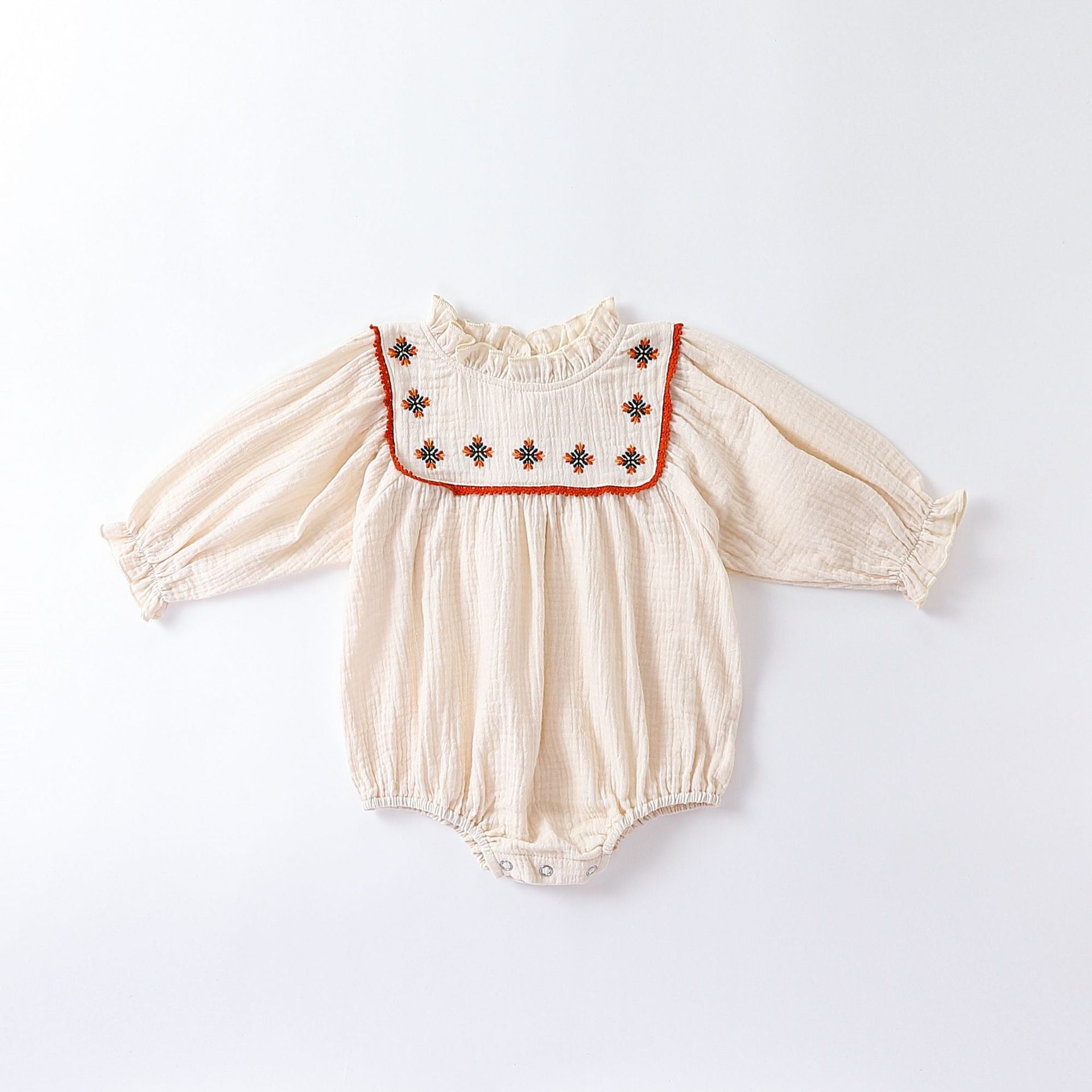 Floral Embroidered Design Long Sleeve Onesies in white and brown colors, showcasing delicate floral patterns and soft cotton fabric.