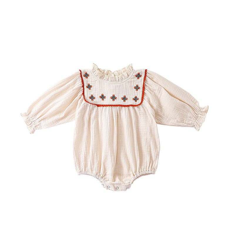 Floral Embroidered Design Long Sleeve Onesies in white and brown colors, showcasing delicate floral patterns and soft cotton fabric.