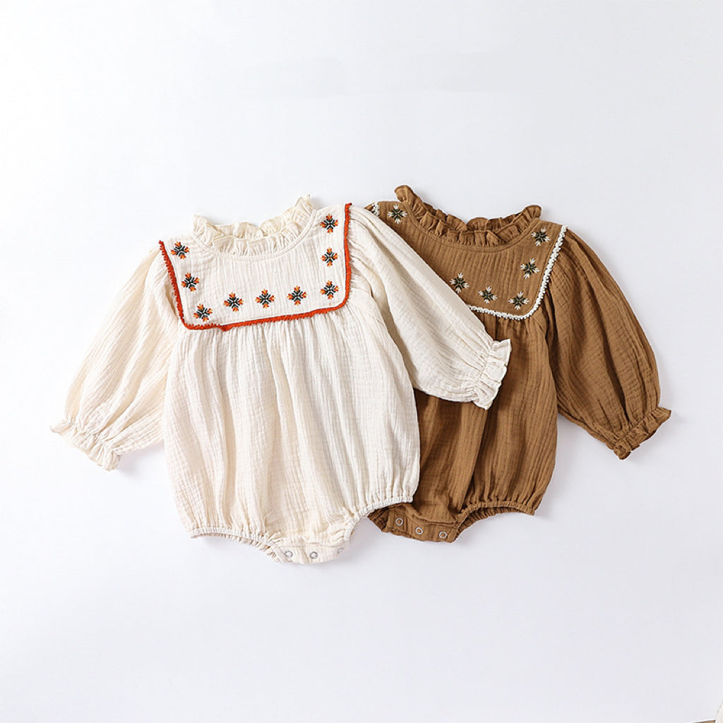 Floral Embroidered Design Long Sleeve Onesies in white and brown colors, showcasing delicate floral patterns and soft cotton fabric.