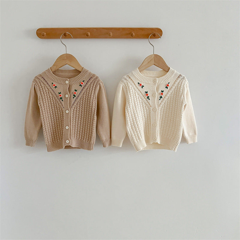 Floral embroidered pattern solid color knitted cardigan for baby girl in beige and coffee colors, showcasing delicate floral designs.