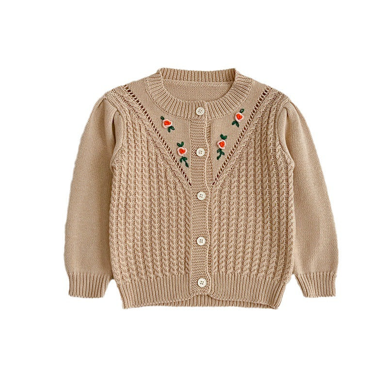 Floral embroidered pattern solid color knitted cardigan for baby girl in beige and coffee colors, showcasing delicate floral designs.