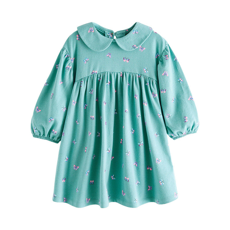 Floral Graphic Doll Neck Cute Dress in green, made of cotton, perfect for autumn wear for baby girls and girls.