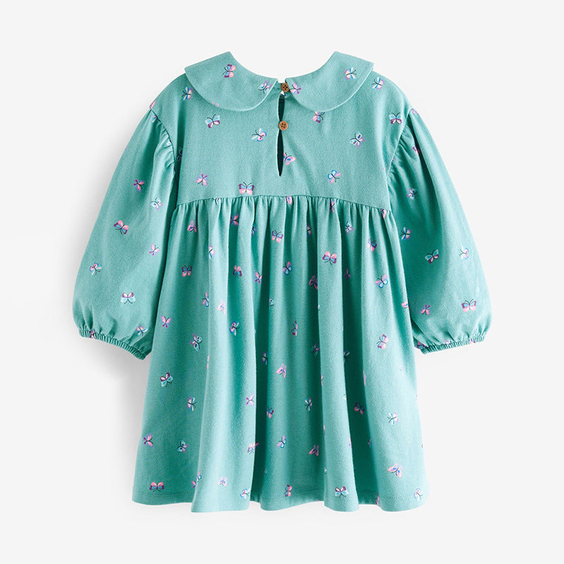 Floral Graphic Doll Neck Cute Dress in green, made of cotton, perfect for autumn wear for baby girls and girls.