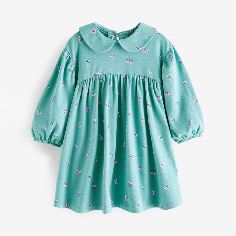 Floral Graphic Doll Neck Cute Dress in green, made of cotton, perfect for autumn wear for baby girls and girls.