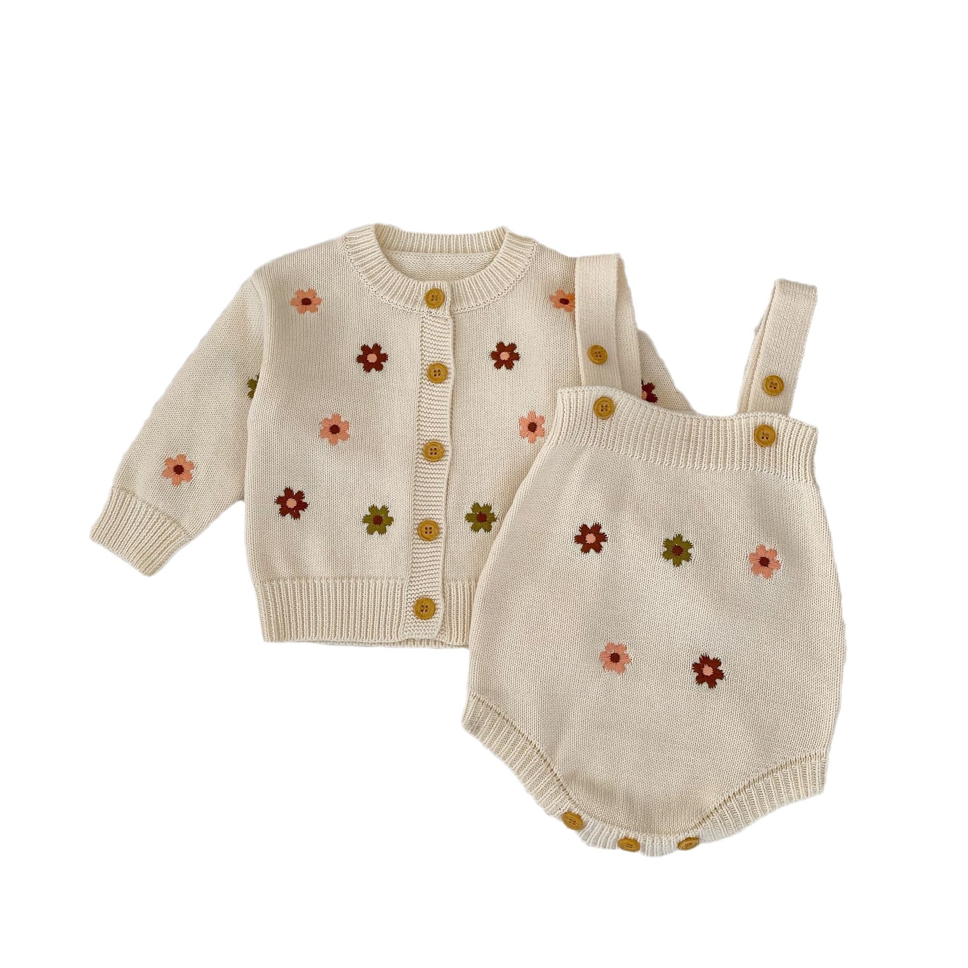 A beige floral graphic knitted cardigan for baby girls, showcasing a soft cotton material and a charming design.