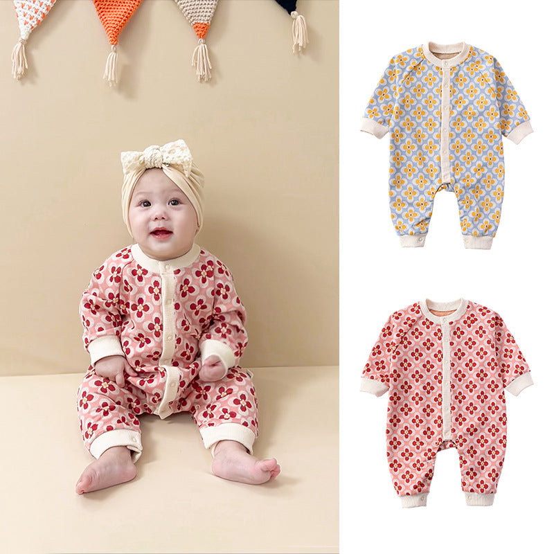 Floral Pattern Autumn Quality Outfits Romper in pink and yellow colors, made of soft cotton, suitable for infants.