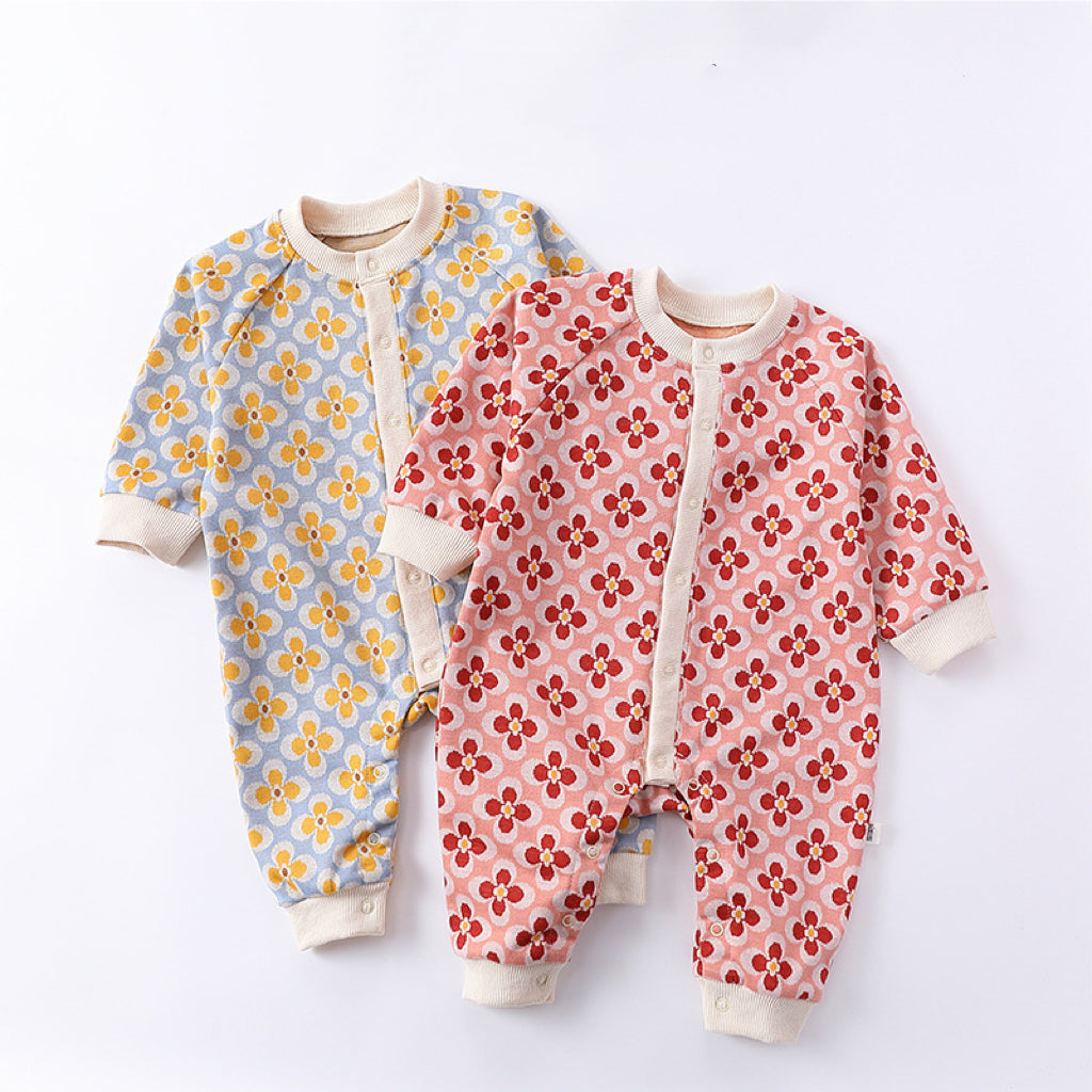 Floral Pattern Autumn Quality Outfits Romper in pink and yellow colors, made of soft cotton, suitable for infants.