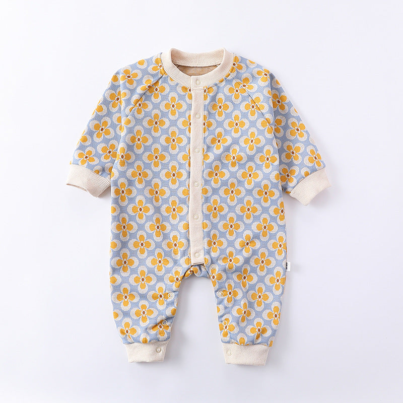 Floral Pattern Autumn Quality Outfits Romper in pink and yellow colors, made of soft cotton, suitable for infants.