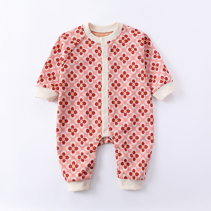 Floral Pattern Autumn Quality Outfits Romper in pink and yellow colors, made of soft cotton, suitable for infants.