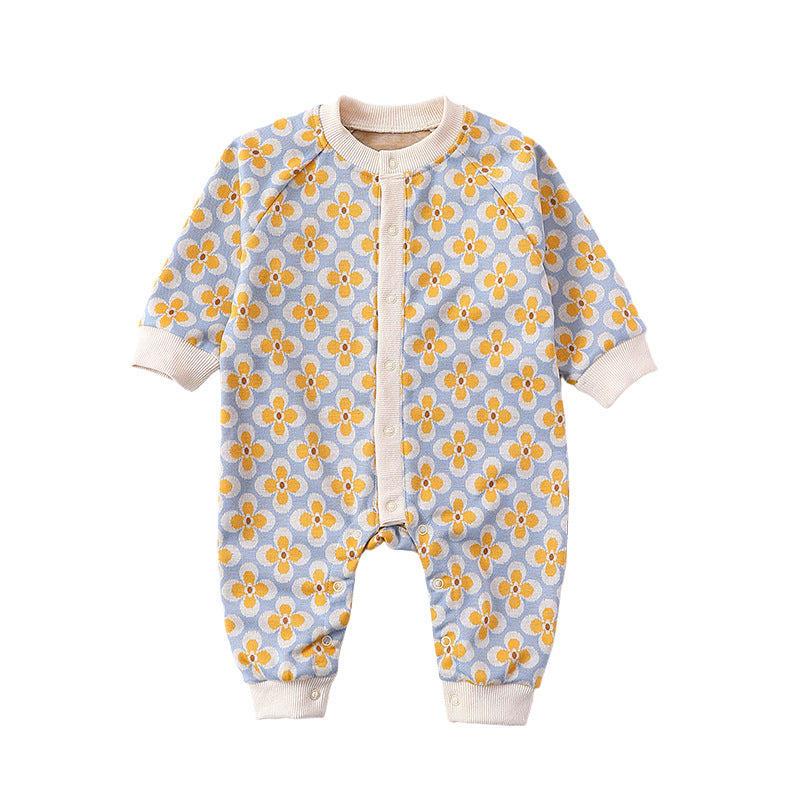 Floral Pattern Autumn Quality Outfits Romper in pink and yellow colors, made of soft cotton, suitable for infants.