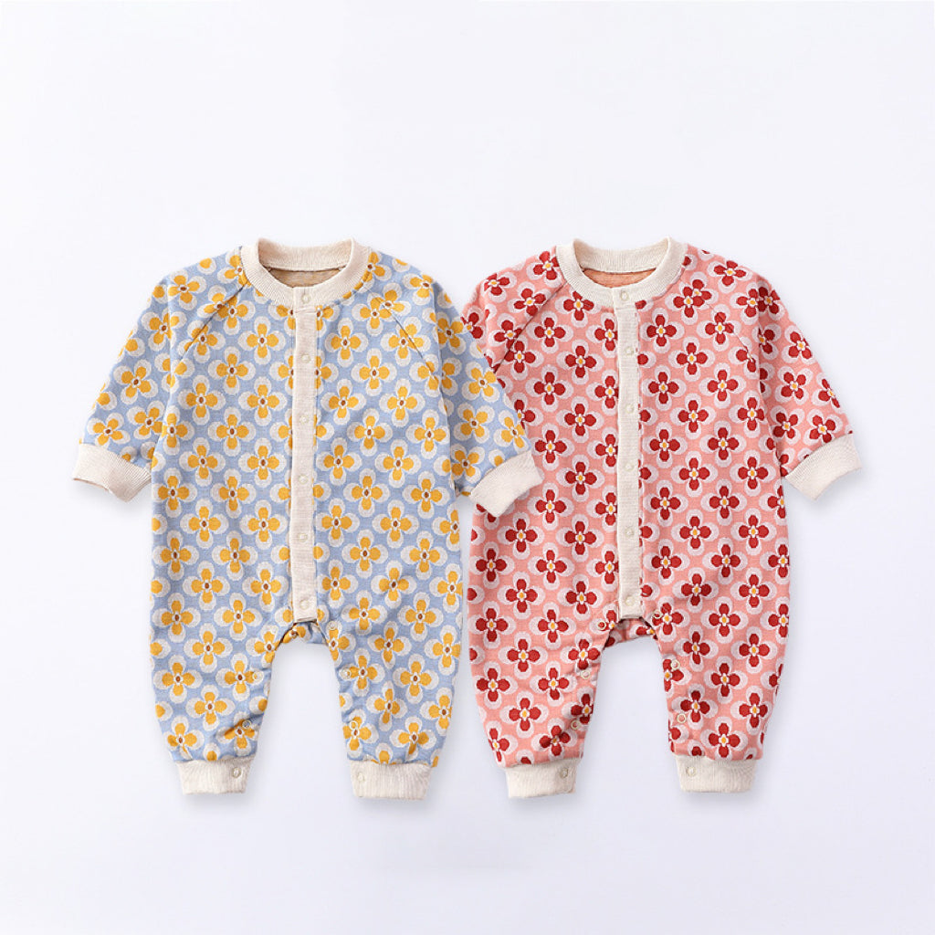 Floral Pattern Autumn Quality Outfits Romper in pink and yellow colors, made of soft cotton, suitable for infants.