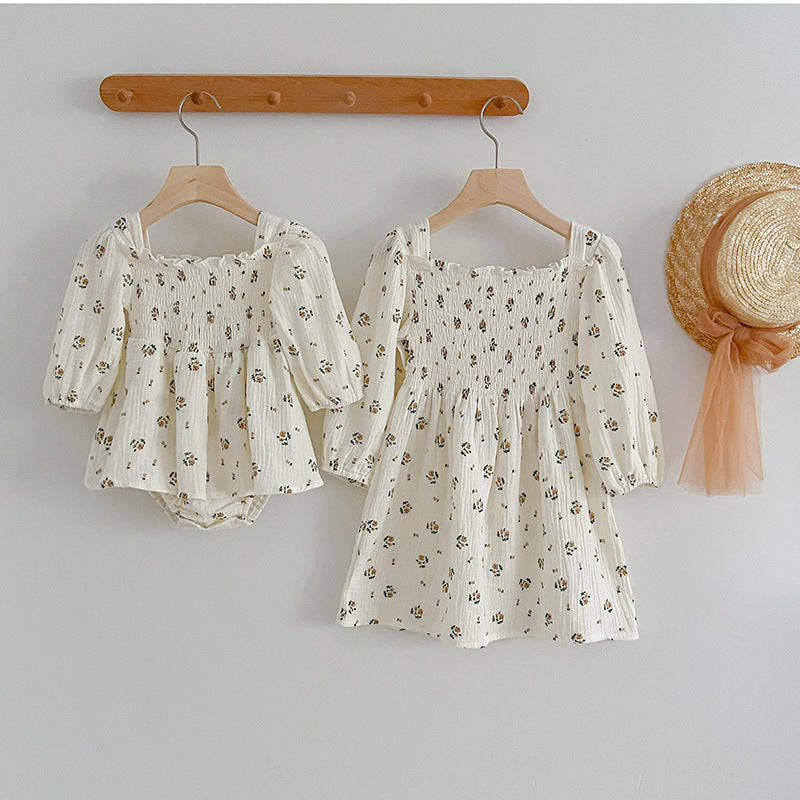 Floral Pattern Lantern Sleeves Princess Style Onesie and Dress in white and beige, featuring a charming floral design and soft cotton fabric.