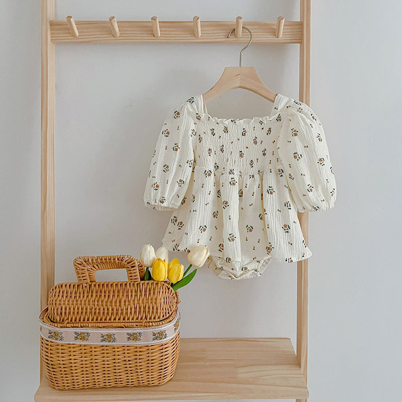 Floral Pattern Lantern Sleeves Princess Style Onesie and Dress in white and beige, featuring a charming floral design and soft cotton fabric.