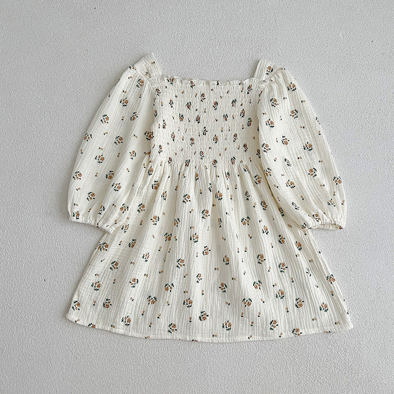 Floral Pattern Lantern Sleeves Princess Style Onesie and Dress in white and beige, featuring a charming floral design and soft cotton fabric.