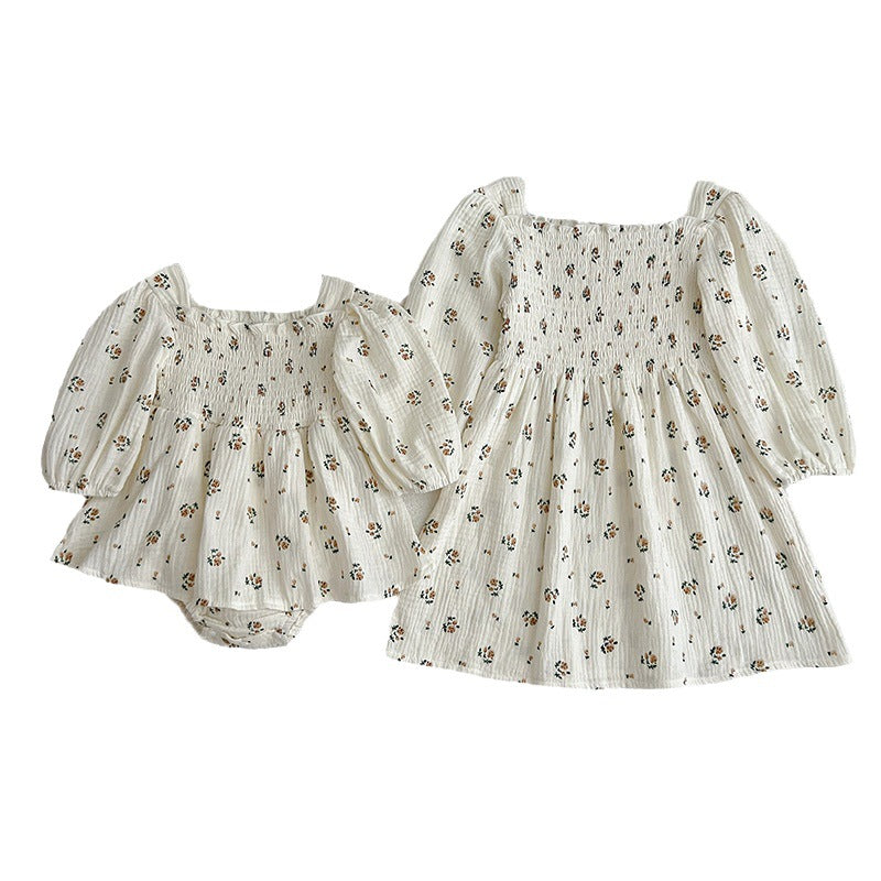 Floral Pattern Lantern Sleeves Princess Style Onesie and Dress in white and beige, featuring a charming floral design and soft cotton fabric.