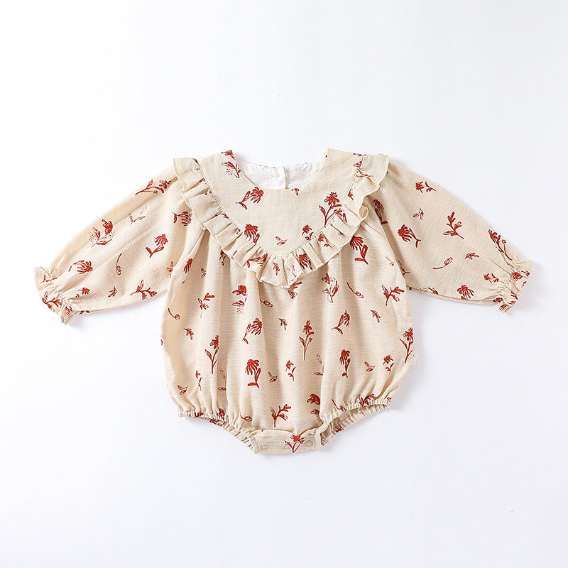 A cute vintage-style onesie for baby girls featuring a floral pattern in beige and brown colors, made from soft cotton fabric.