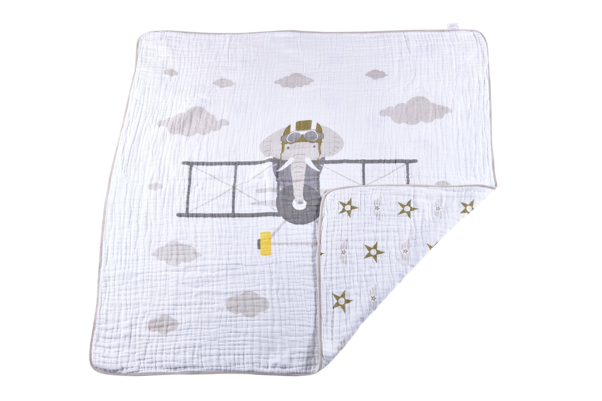 Flying Elephant Cotton Muslin Newcastle Blanket featuring a whimsical elephant design, made from soft, breathable 100% natural cotton.