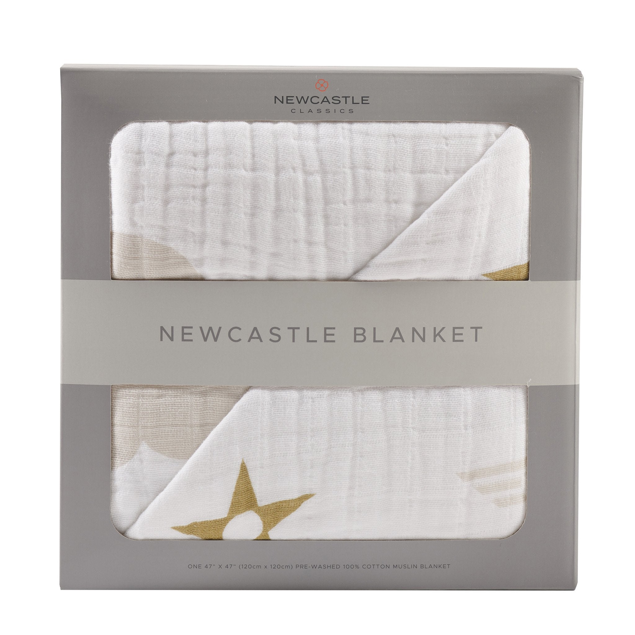 Flying Elephant Cotton Muslin Newcastle Blanket featuring a whimsical elephant design, made from soft, breathable 100% natural cotton.