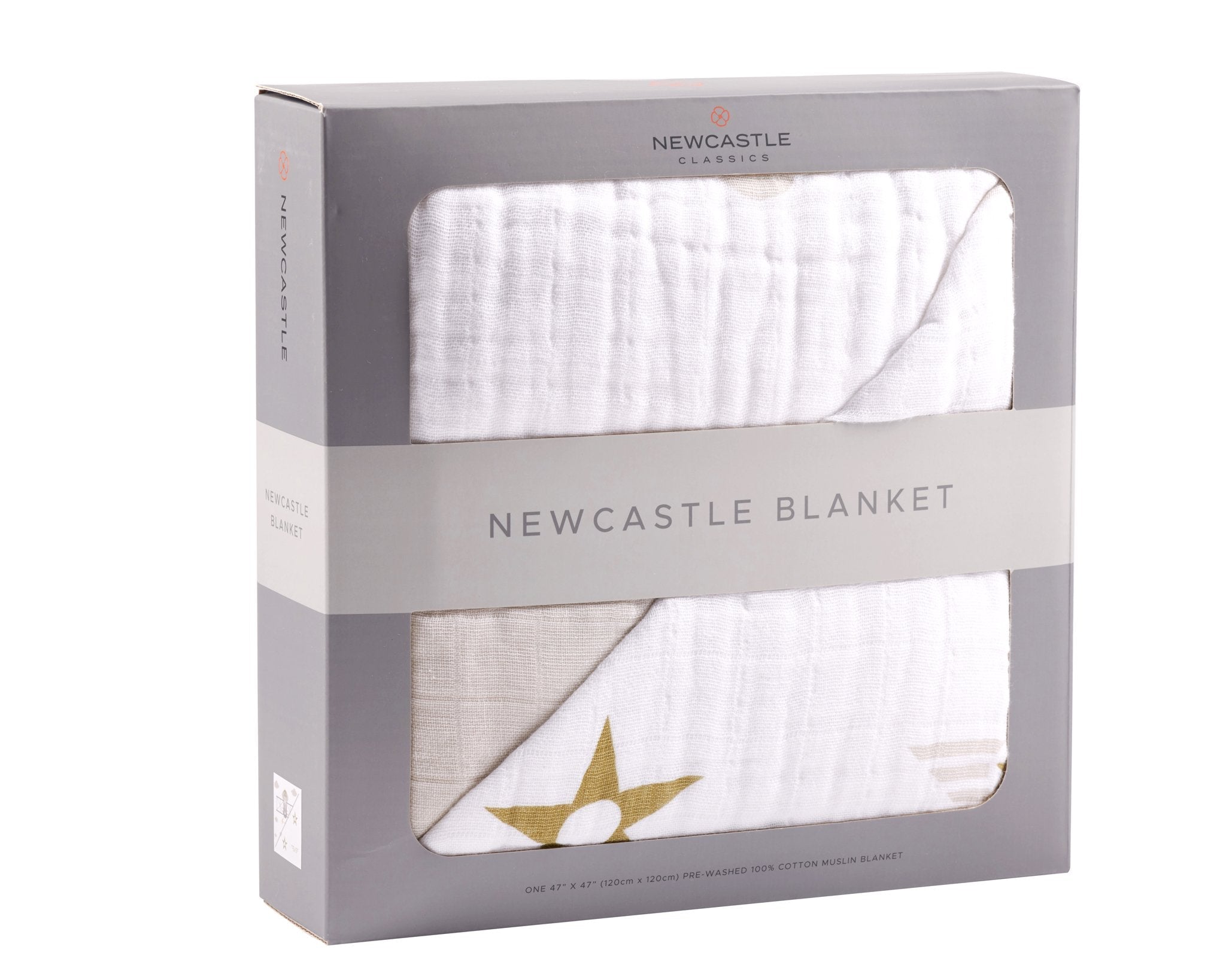 Flying Elephant Cotton Muslin Newcastle Blanket featuring a whimsical elephant design, made from soft, breathable 100% natural cotton.