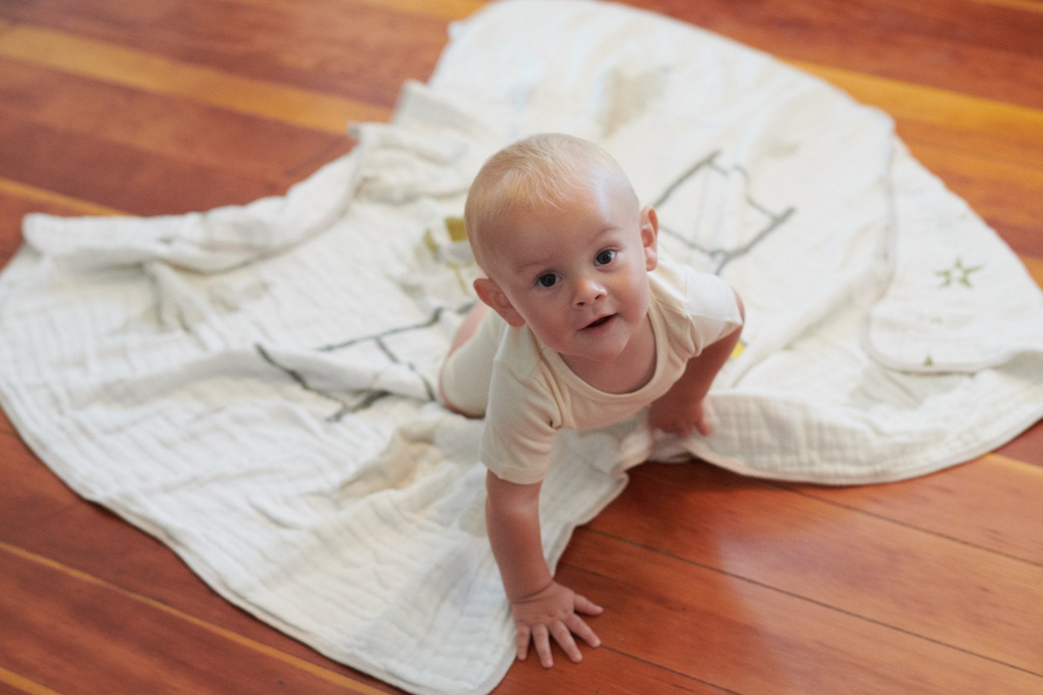 Flying Elephant Cotton Muslin Newcastle Blanket featuring a whimsical elephant design, made from soft, breathable 100% natural cotton.