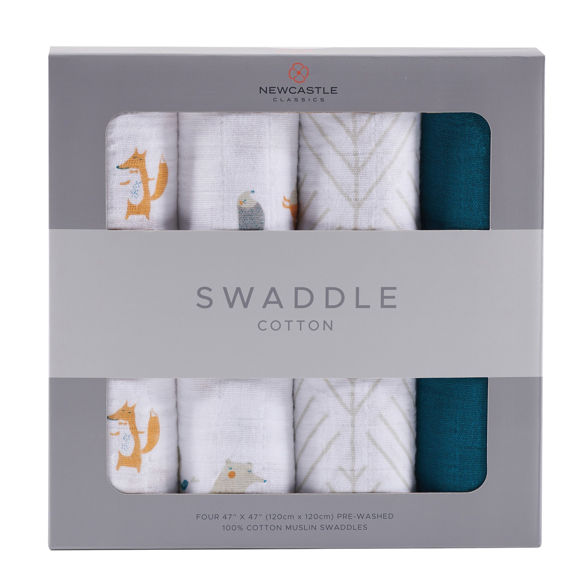 Four soft and breathable cotton muslin swaddles featuring adorable forest animal designs, perfect for versatile baby care.