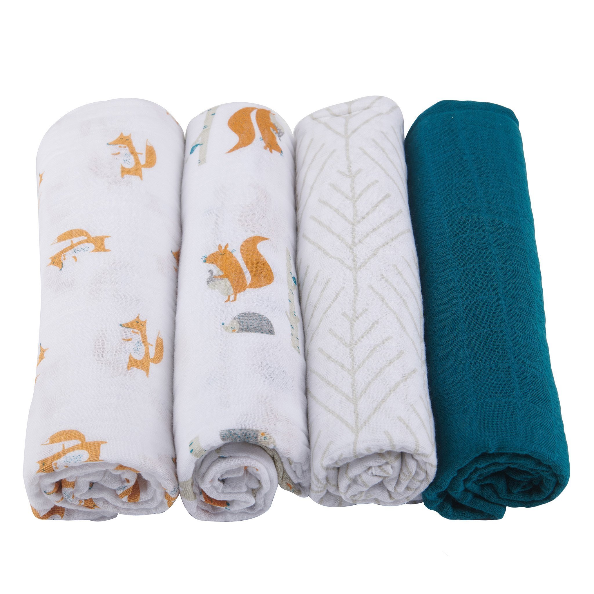 Four soft and breathable cotton muslin swaddles featuring adorable forest animal designs, perfect for versatile baby care.