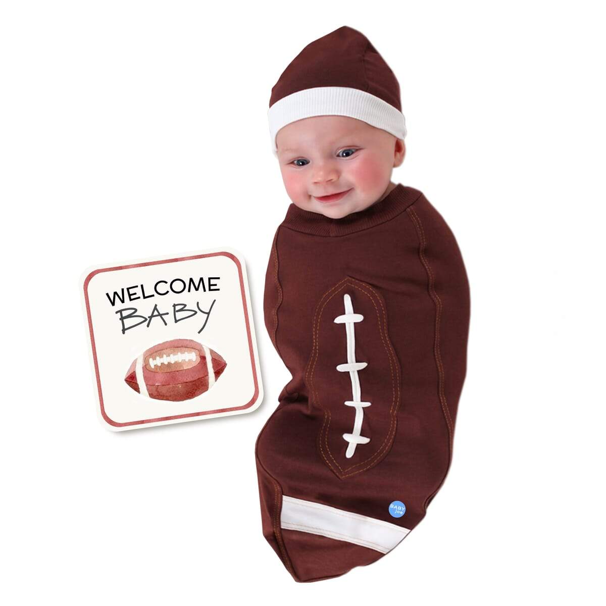 Football Baby cocoon swaddle set with matching headpiece and announcement card, made of soft cotton and Lycra, perfect for newborns.