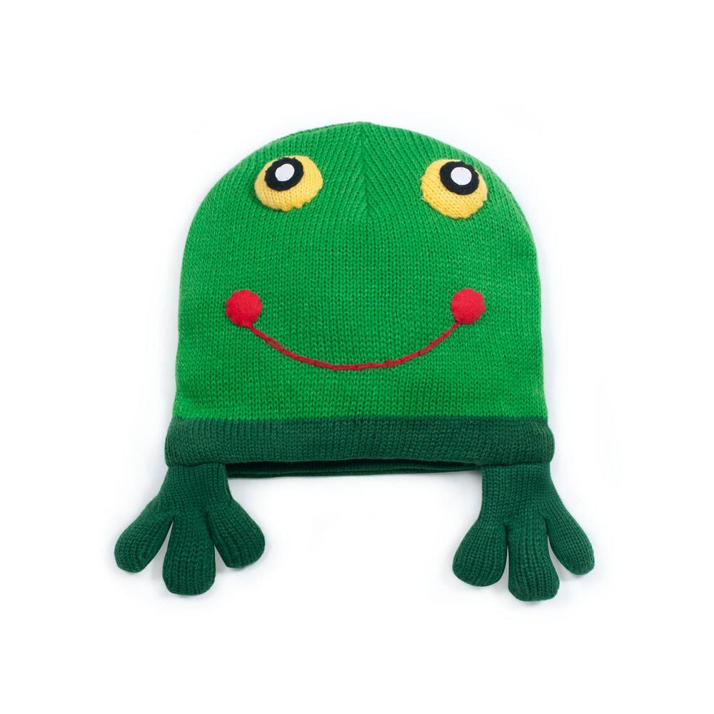 A vibrant green knit hat featuring a playful 3-D frog design, perfect for children.