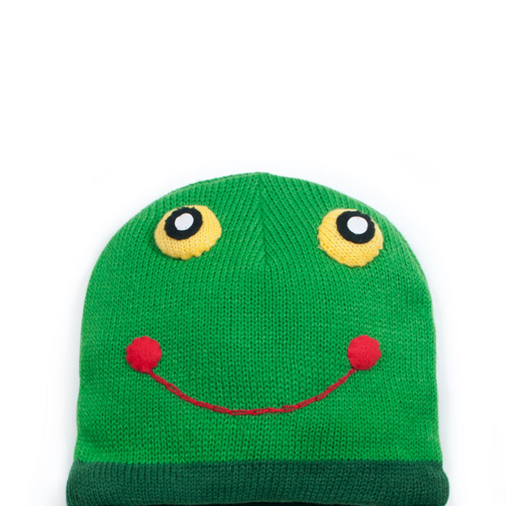 A vibrant green knit hat featuring a playful 3-D frog design, perfect for children.