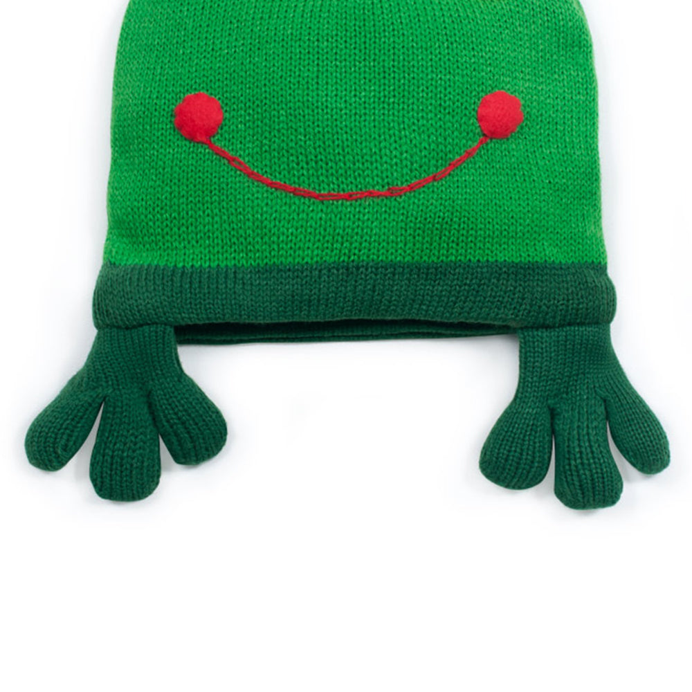 A vibrant green knit hat featuring a playful 3-D frog design, perfect for children.