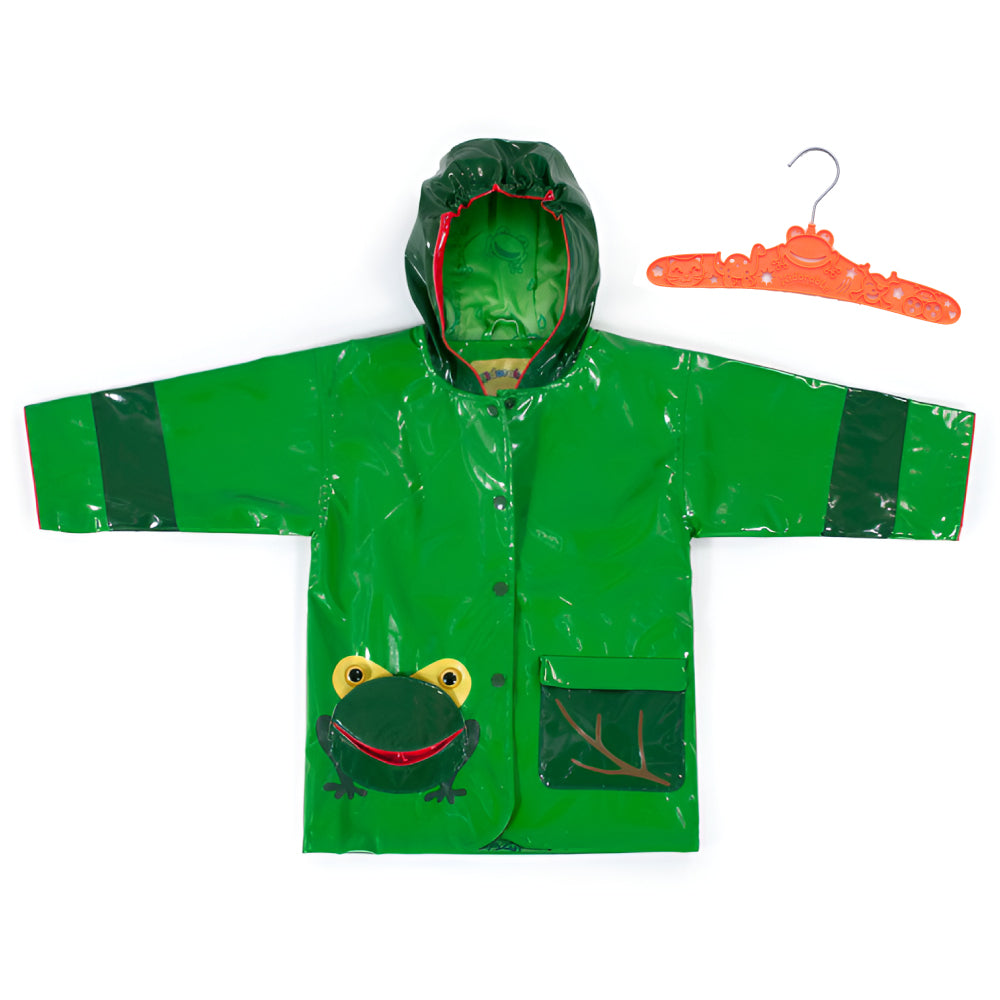 A vibrant green Kidorable Frog Raincoat featuring a playful frog design, perfect for kids to wear on rainy days.