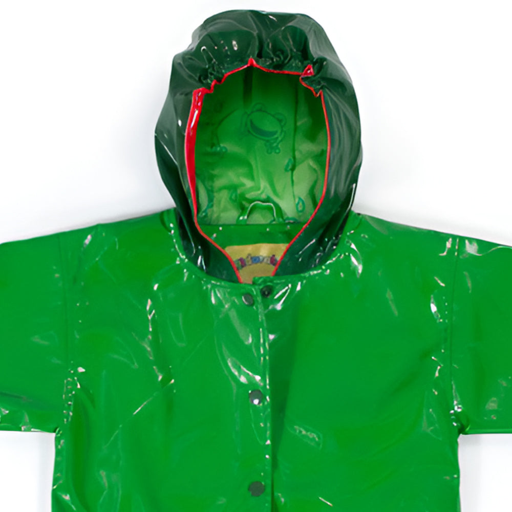 A vibrant green Kidorable Frog Raincoat featuring a playful frog design, perfect for kids to wear on rainy days.