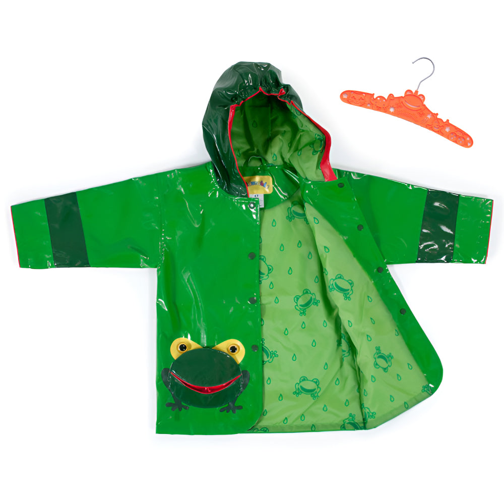 A vibrant green Kidorable Frog Raincoat featuring a playful frog design, perfect for kids to wear on rainy days.