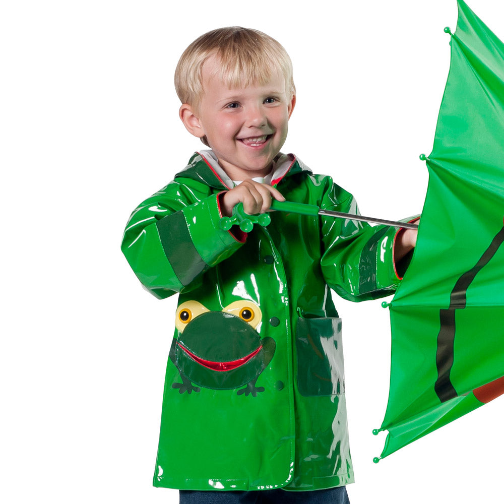 A vibrant green Kidorable Frog Raincoat featuring a playful frog design, perfect for kids to wear on rainy days.