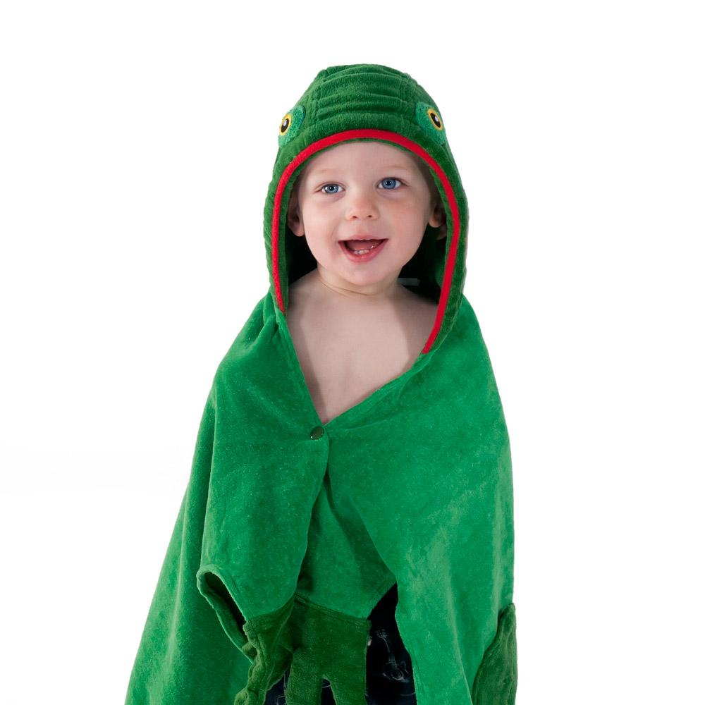 Kidorable Frog Towel featuring a playful frog design with a hood and feet, made from soft cotton.