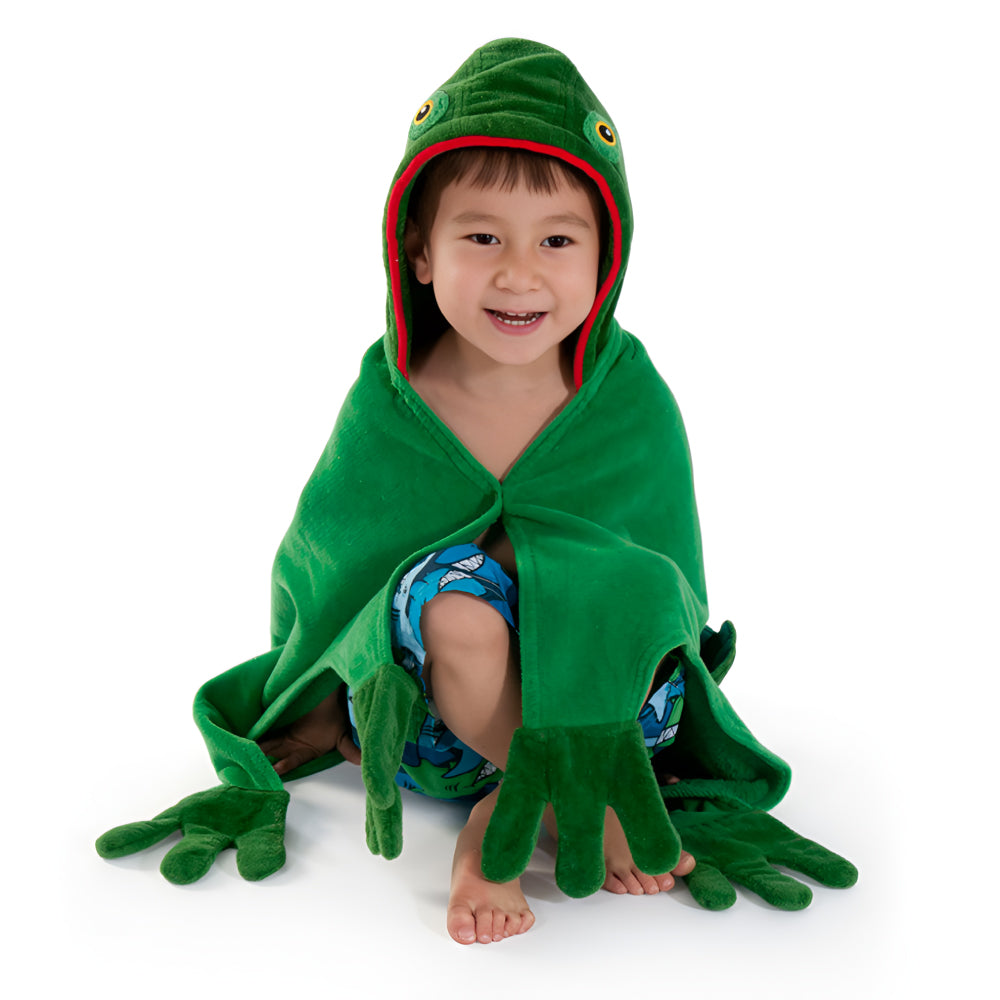 Kidorable Frog Towel featuring a playful frog design with a hood and feet, made from soft cotton.