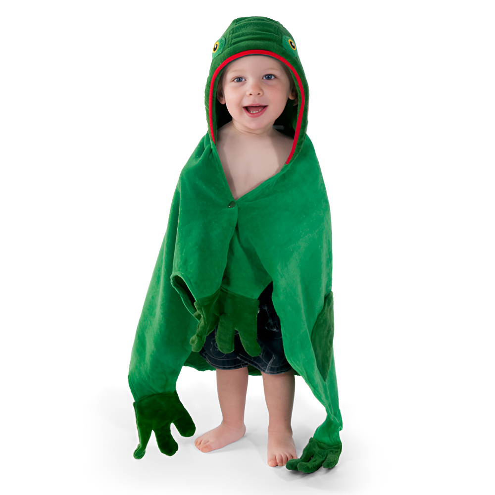 Kidorable Frog Towel featuring a playful frog design with a hood and feet, made from soft cotton.