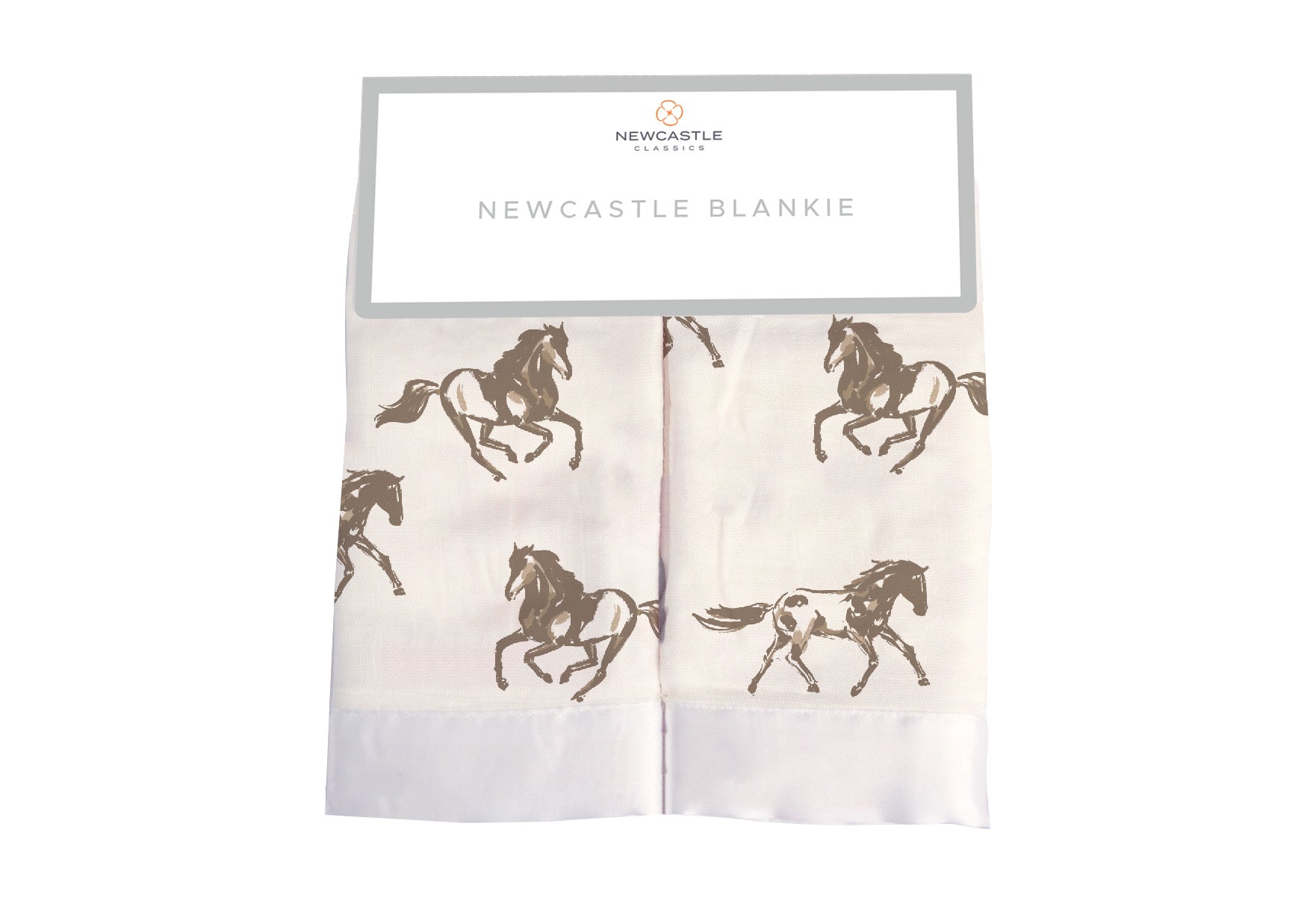 Galloping Horses Newcastle Blankie made from soft bamboo muslin, featuring a charming horse design, perfect for comforting children.