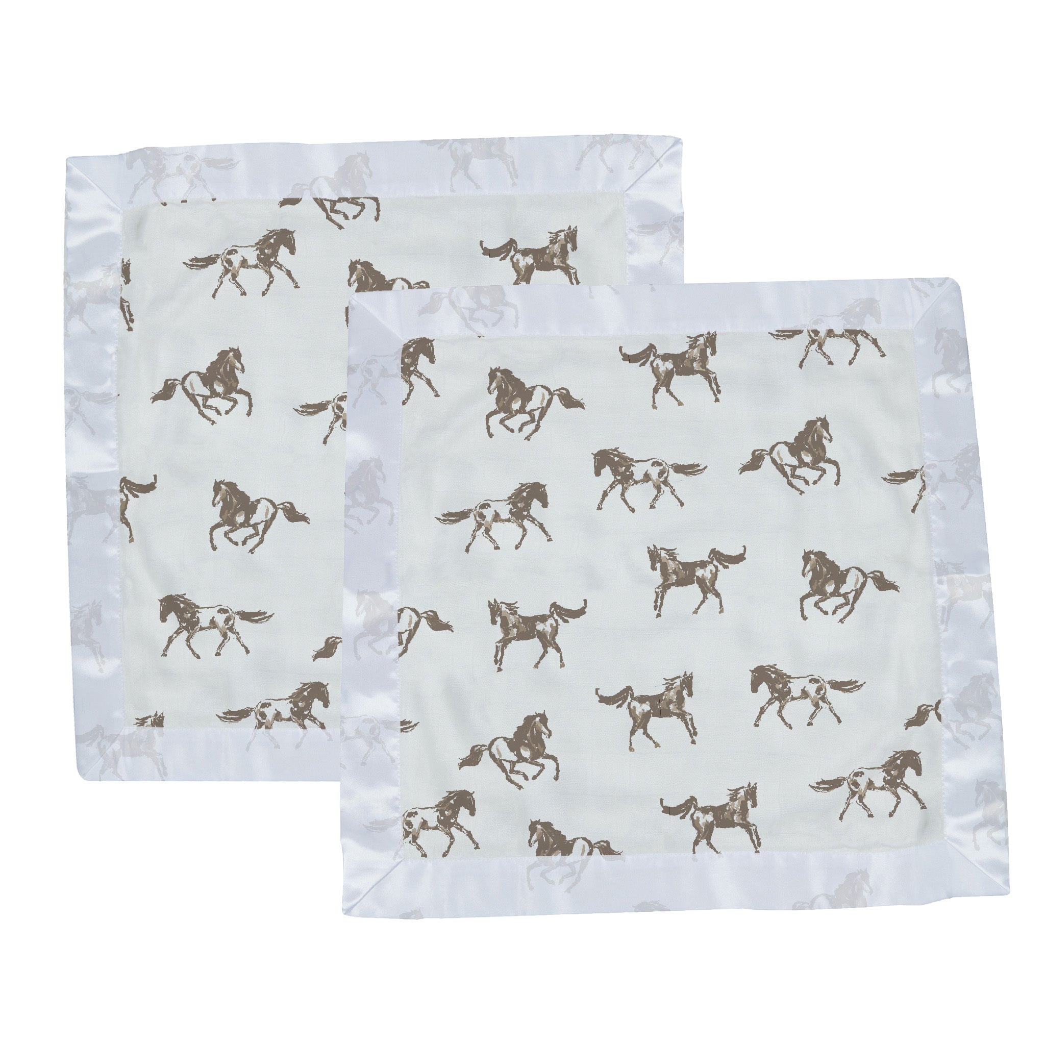 Galloping Horses Newcastle Blankie made from soft bamboo muslin, featuring a charming horse design, perfect for comforting children.