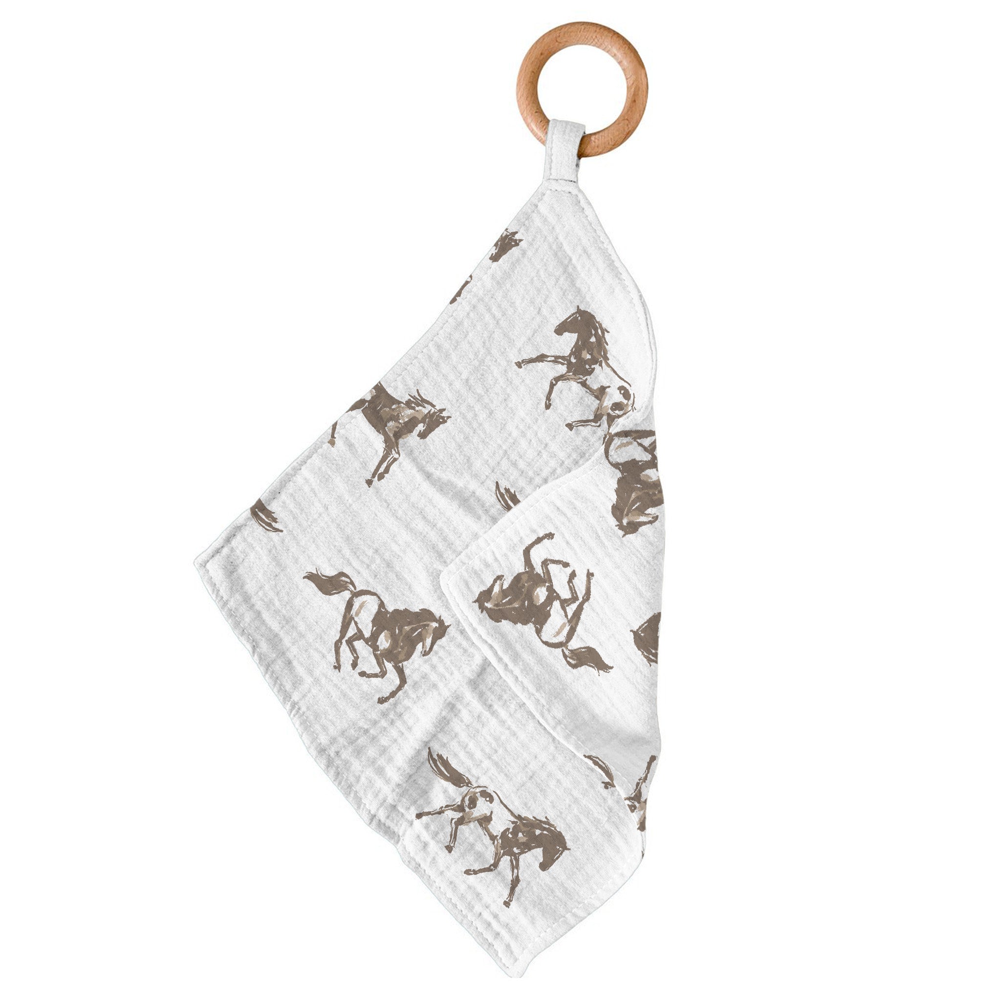 Galloping Horses Newcastle Teether featuring a bamboo mini blankie and a removable beach wood ring, perfect for soothing teething babies.