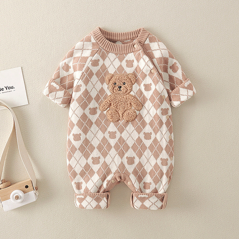 A brown cotton romper featuring a geometric pattern and a cartoon bear patch, suitable for baby boys and girls.