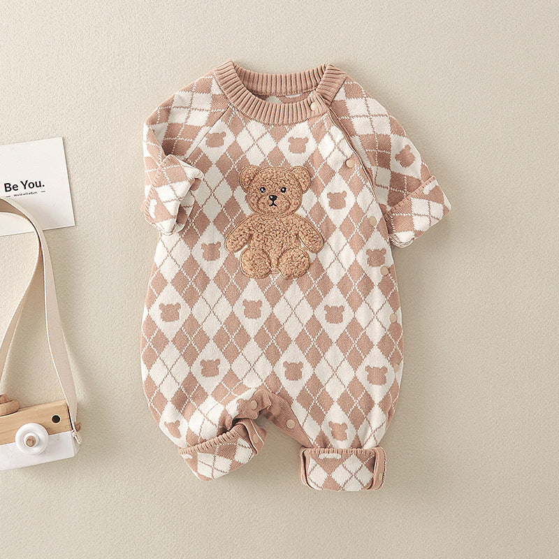 A brown cotton romper featuring a geometric pattern and a cartoon bear patch, suitable for baby boys and girls.