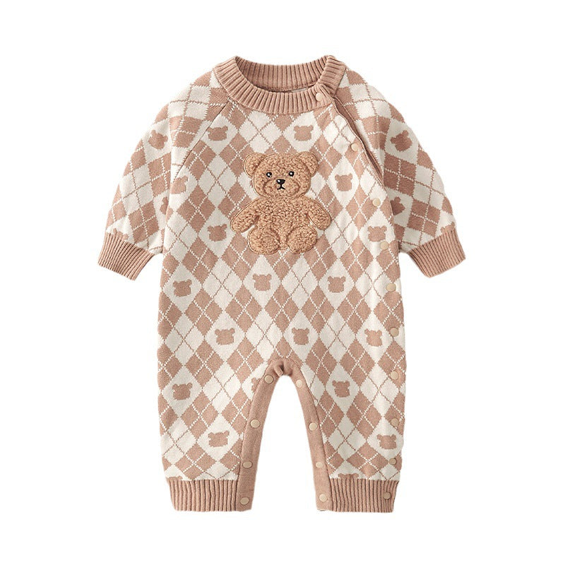 A brown cotton romper featuring a geometric pattern and a cartoon bear patch, suitable for baby boys and girls.