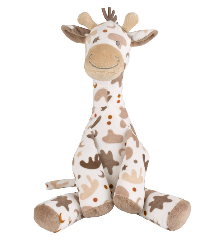 Giraffe Gino no. 2 by Happy Horse, a plush toy with light and dark spots in retro shades, perfect for cuddling.