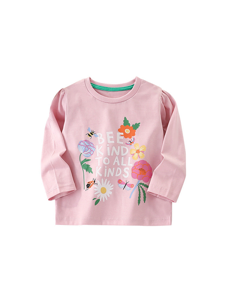 Girls comfy cotton top featuring cartoon insects and flowers print in vibrant pink color, perfect for spring and autumn wear.