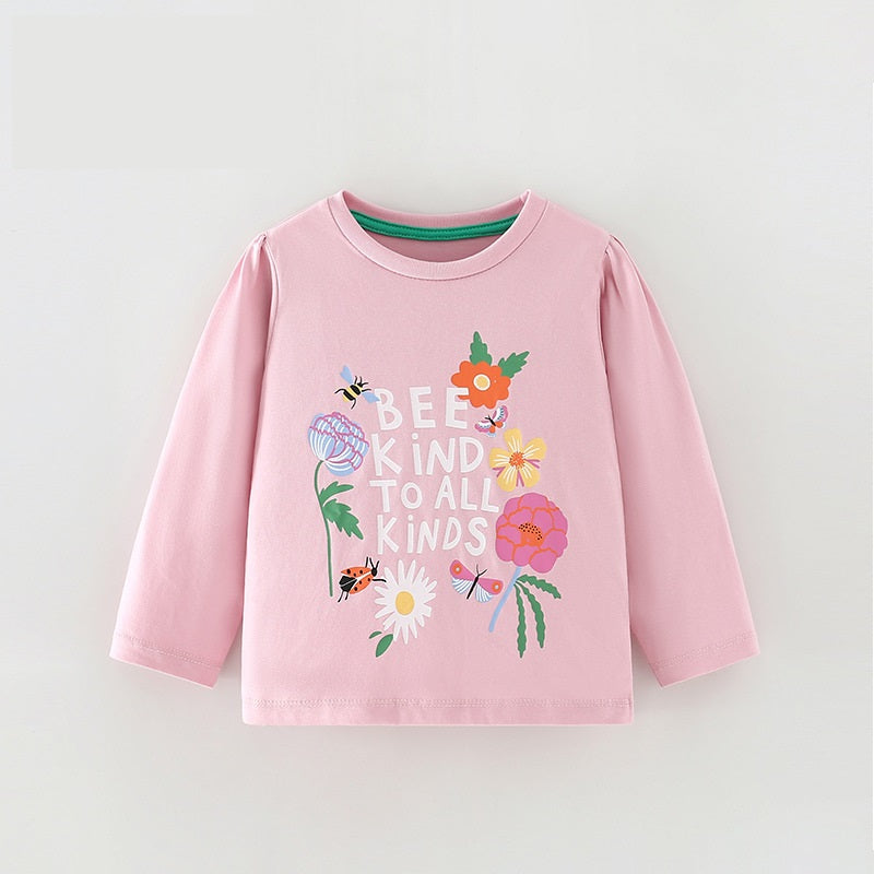 Girls comfy cotton top featuring cartoon insects and flowers print in vibrant pink color, perfect for spring and autumn wear.